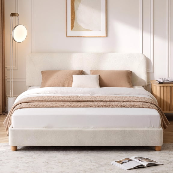 BERRY NEST Boucle Queen Size Bed Frame - Upholstered Bed Frame with Adjustable Headboard, Solid Wood Legs, Rounded Corners, Easy Assembly, Marshmallow BedFrame, Cream