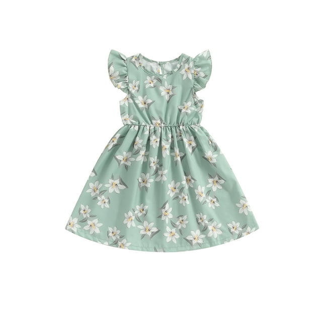 EYIIYE Robe Midi d'Été pour Petite Fille 1T-8T, Robe Trapèze à Manches Volantées pour Tout-Petit, Imprimé Floral, Col Rond, Robe Décontractée, Col Rond, Robe de Princesse à Fleurs pour Fête, Mode pour Enfants, Vêtements Mignons pour les Vacances