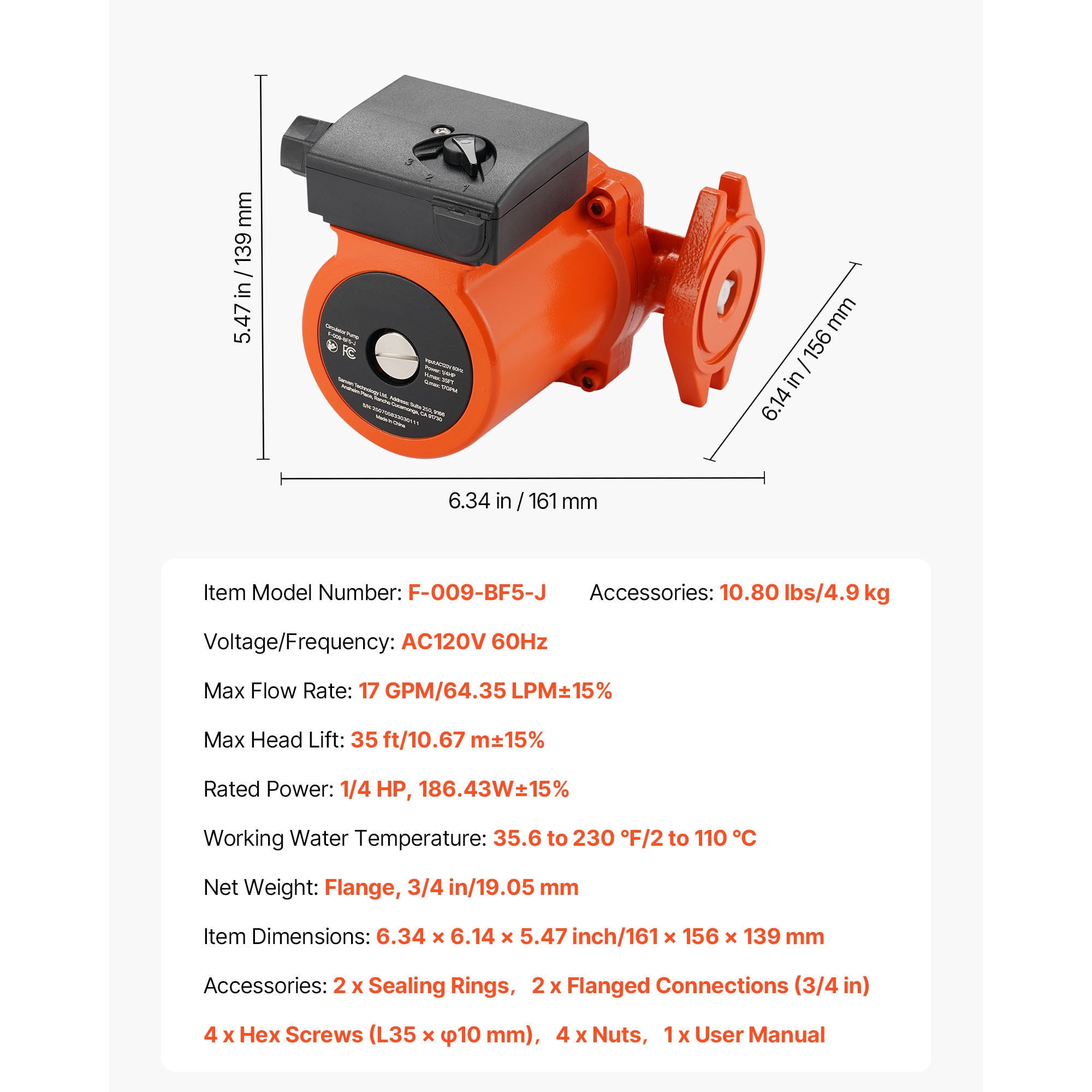 KFFKFF Cast Iron Circulator Pump, 17 GPM, AC 120V, 35 ft Hot Water Recirculation Pump, 3/4-Inch Flange Connection, 3-Speed Settings, Low-Noise Design, Suitable for Home Heating Systems