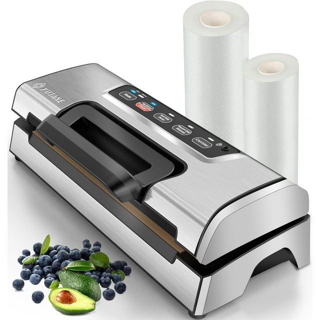 Machine de Scellage sous Vide, Scelleuse Alimentaire Commerciale Pro avec Poignée à Verrouillage Facile, Coupeur Intégré et Rangement de Sacs, Modes Aliments Secs et Humides, Options de Scellage Auto et Manuelles, 2 Rouleaux de Sacs, Acier Inoxydable