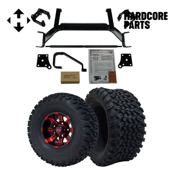 Hardcore Parts 6" Drop Axle Lift Kit for EZGO TXT/PDS (2001.5-2013) Electric Golf Cart with 10" Red/Black 'TEMPEST' Wheels and 22"x11"-10" DOT rated All-Terrain tires