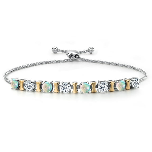 Gem Stone King 925 Silver and 10K Yellow Gold Simulated White Opal and White Topaz Bracelet for Women | 2.32 Cttw | Gemstone October Birthstone | Round Cabochon 4MM | Adjustable up to 9 inch