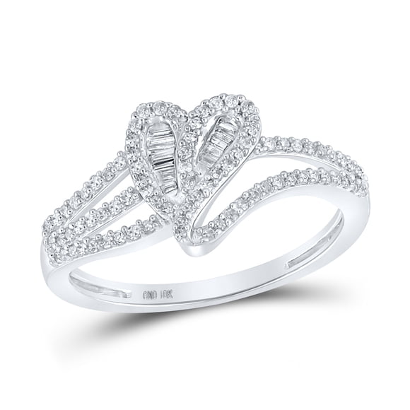 10k White Gold Round Diamond & Baguette Ladies Heart Band Ring 1/3 Cttw