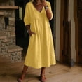 thumbnail image 2 of SZJXBUY Linen Dress Women Casual Summer Dressy Baggy 3/4 Sleeve Midi Dress Elegant V Neck Beach Vacation Sundress with Pockets Yellow,XXL, 2 of 6