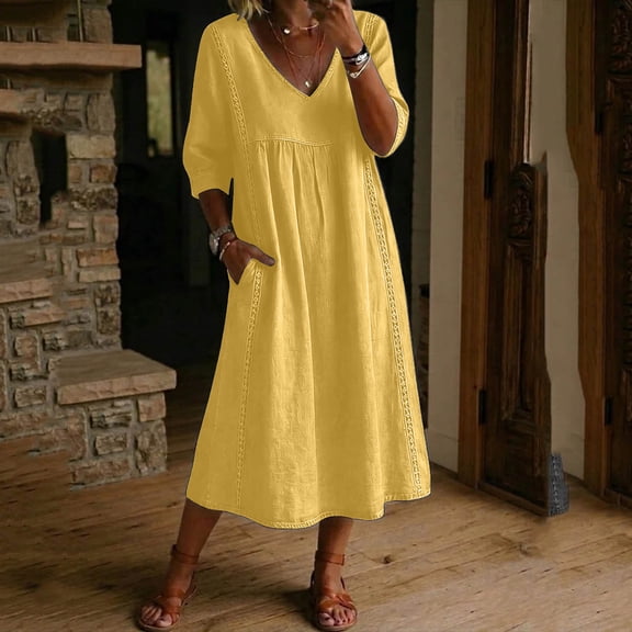 FDGIU Women's V Neck 3/4 Sleeve High Waist Gathered Pocket Loose Flowy Linen Midi Dress, Boho Beach Vacation Casual Home Lounge Swing Long Dresses