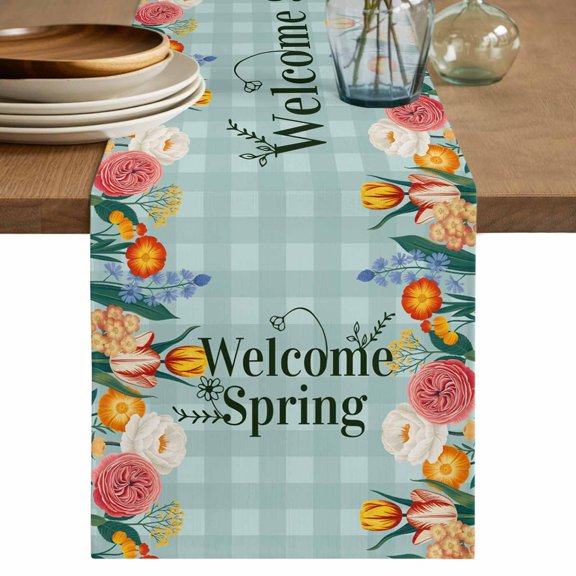 Spring Flowers Table Runner 90 Inches, Nature Botanical Wildflower Garden Plaid Bed Runner Dresser Scarves Tabletop for Indoor Outdoor Parties/Ceremony/Banquet, 13" x 90"