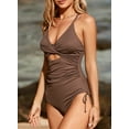 thumbnail image 6 of Eytino Plus Size One Piece Bathing Suit for Women Tummy Control Ribbed Tummy Control High Cut One Piece Swimsuits Sexy V Neck Criss Cross Monikini Brown XL, 6 of 12