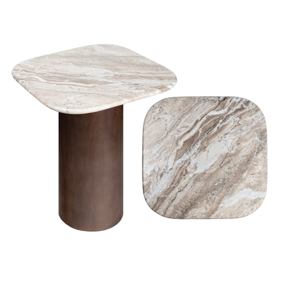 JONATHAN Y Milos 18" Rustic Minimalist Square Marble/Wood Accent Table, White Marble/Walnut Wood, END5004A