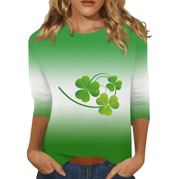 Pxiakgy Hot Sale St. Patrick's Day Shirts for Women 3/4 Sleeve Round Neck Cute Tunic Tops Basic Tees Green Lucky Shamrock Tee Top Women's Spring/Summer St. Day Print Seven Point T Shirt