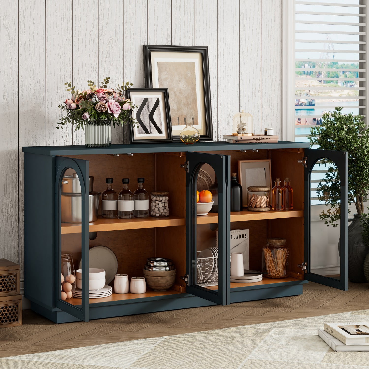 Modern 4-Door Buffet Cabinet with Arched Glass Doors, Adjustable Shelves Storage Sideboard for Kitchen Dining Room Living Room, Navy Blue