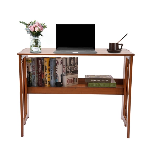 ToppiJoy Bamboo Folding Desk, Laptop Writing Desk with Storage Shelf Workstation for Home Office Dark Brown