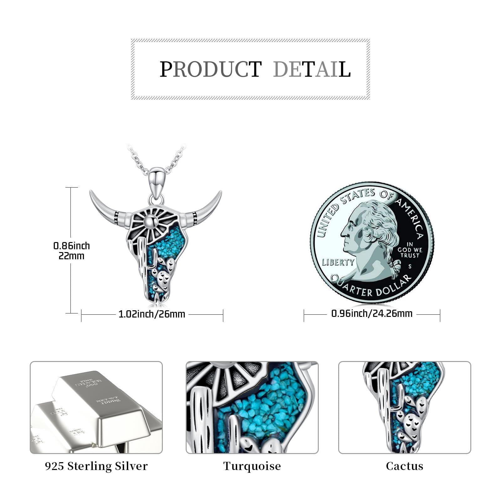 Coachuhhar Western Cow Skull Necklace 925 Sterling Silver Cactus Turquoise Pendant Necklace Jewelry Country Mothers Day Gifts for Mom Women