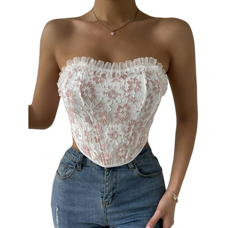 

Womens Summer Lace Bustier Mesh Sexy Vintage Spaghetti Strap Backless Push Up Boned Corset Going Out Party Crop Top Streetwear Clubwear