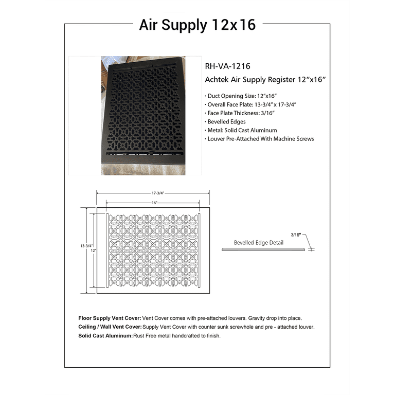 Achtek 6x8 Duct Opening Air Register – Solid Cast Aluminum White Wall/Ceiling Vent Cover With Adjustable Louver