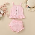 thumbnail image 2 of NOLDARES Toddler Baby Girl Summer Clothes Ruffle Knit Sleevelesss T-Shirt Tee Tops + Shorts Cute Outfits Set(Pink,6-12 Months), 2 of 7