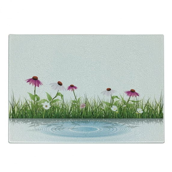 Flower Cutting Board, Coneflower by the Lake Water Sea Fall Season Hand Drawn Horizontal Hand Drawn Print, Decorative Tempered Glass Cutting and Serving Board, Small Size, Multicolor, by Ambesonne