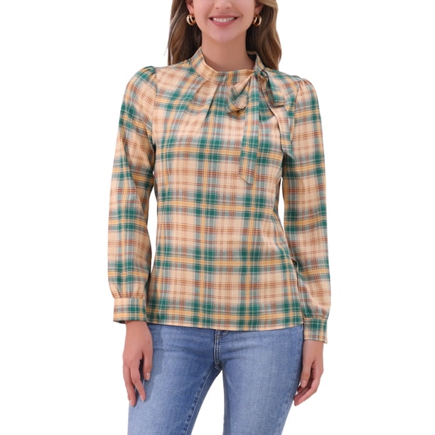 INSPIRAR CHIC Blusas de Trabajo para Mujeres con Cuadros y Lazo en el Cuello de Manga Larga M caqui Marrón Verde