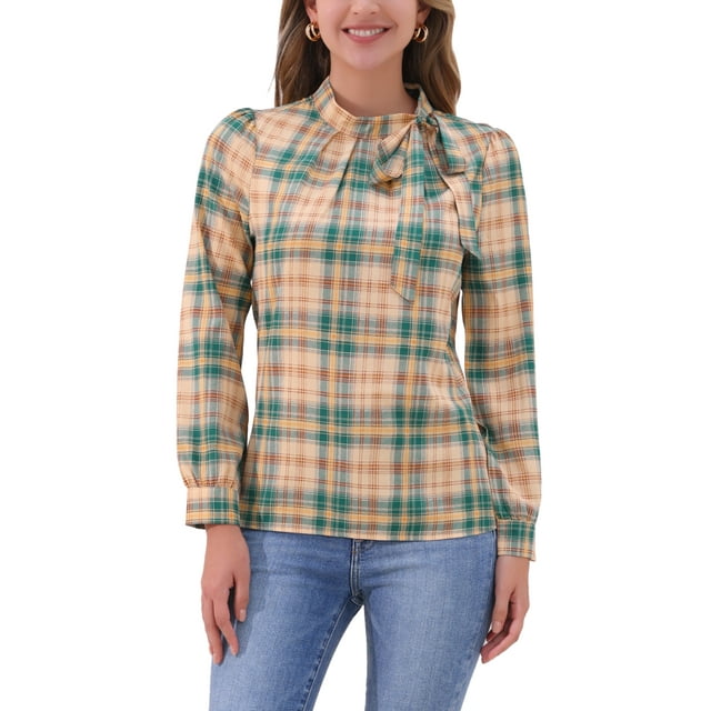 INSPIRAR CHIC Blusas de Trabajo para Mujeres con Cuadros y Lazo en el Cuello de Manga Larga M caqui Marrón Verde