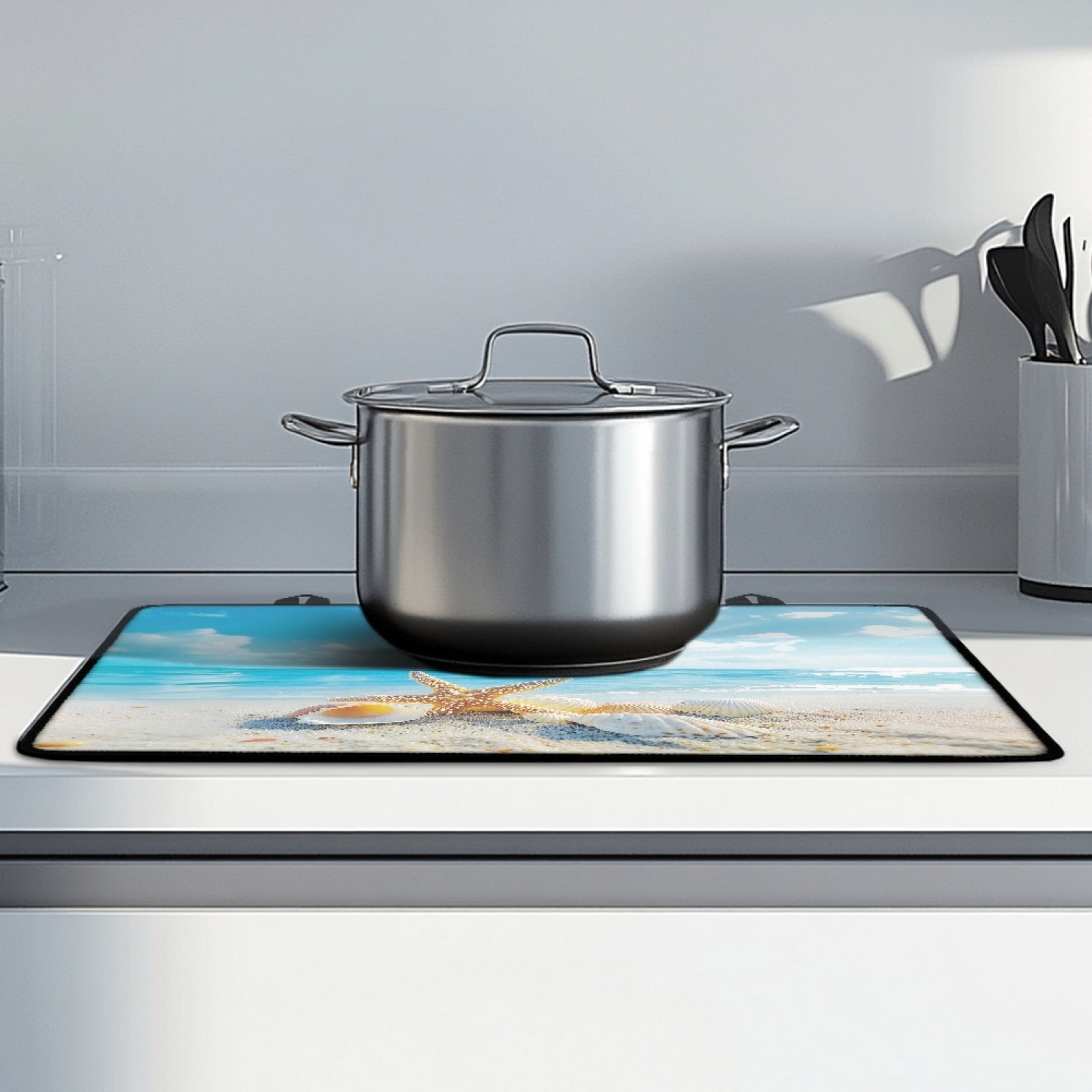 Renewold Stove Top Cover for Electric Stove, Non-skid Glass Electric Stove Top Mat, Induction Electric Stove Top Protector for Kitchen Counter Top, Beach Starfish Seashell Blue Sky