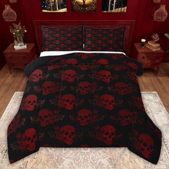 jejeloiu Gothic Skull Twin Comforter Sets,Red Black Bedding Set For Boys Girls Reversible 2-Piece