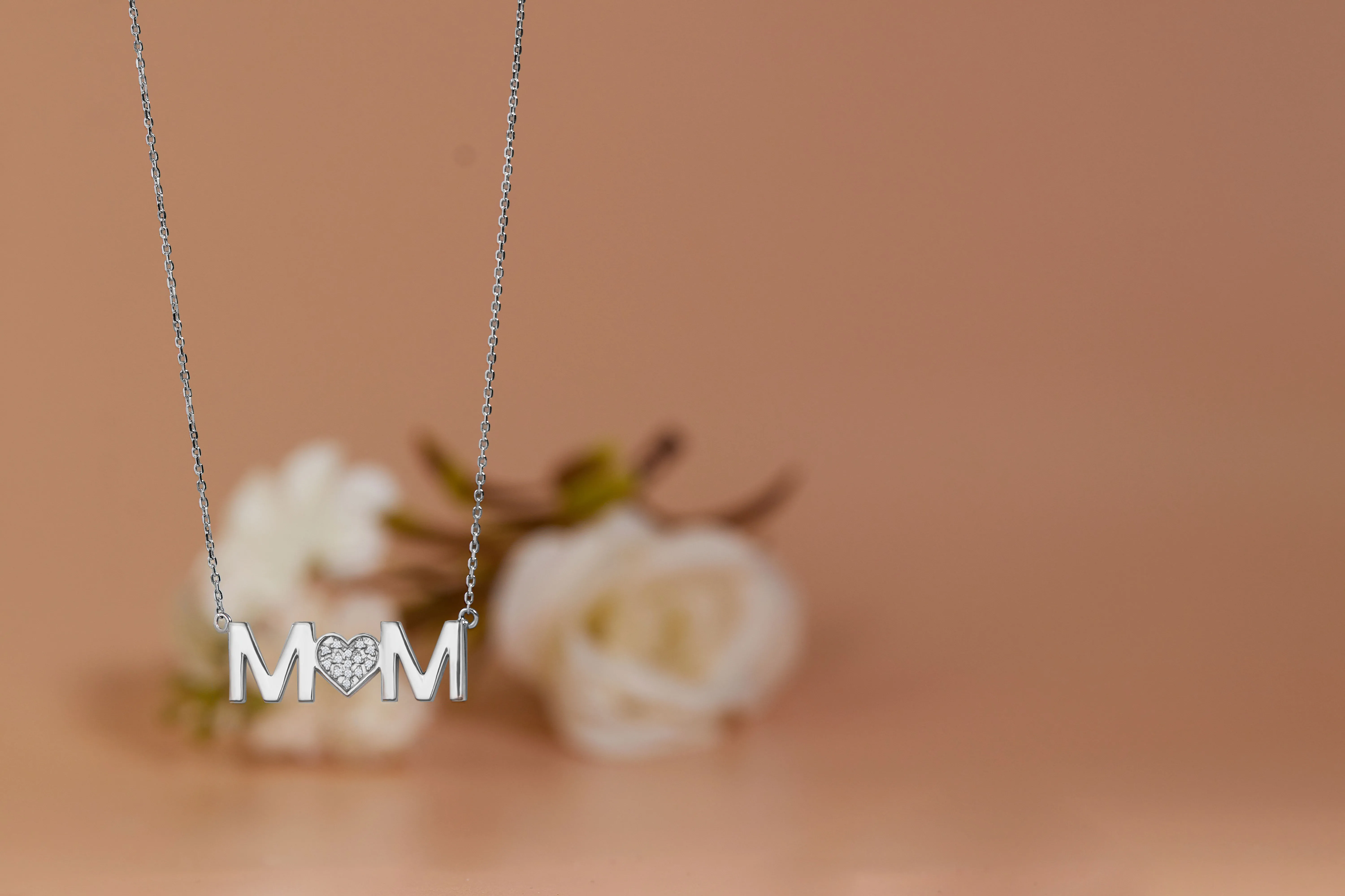 JeenMata MOM Pendant Necklace - Diamond - April Birthstone in 18K White Gold over Silver