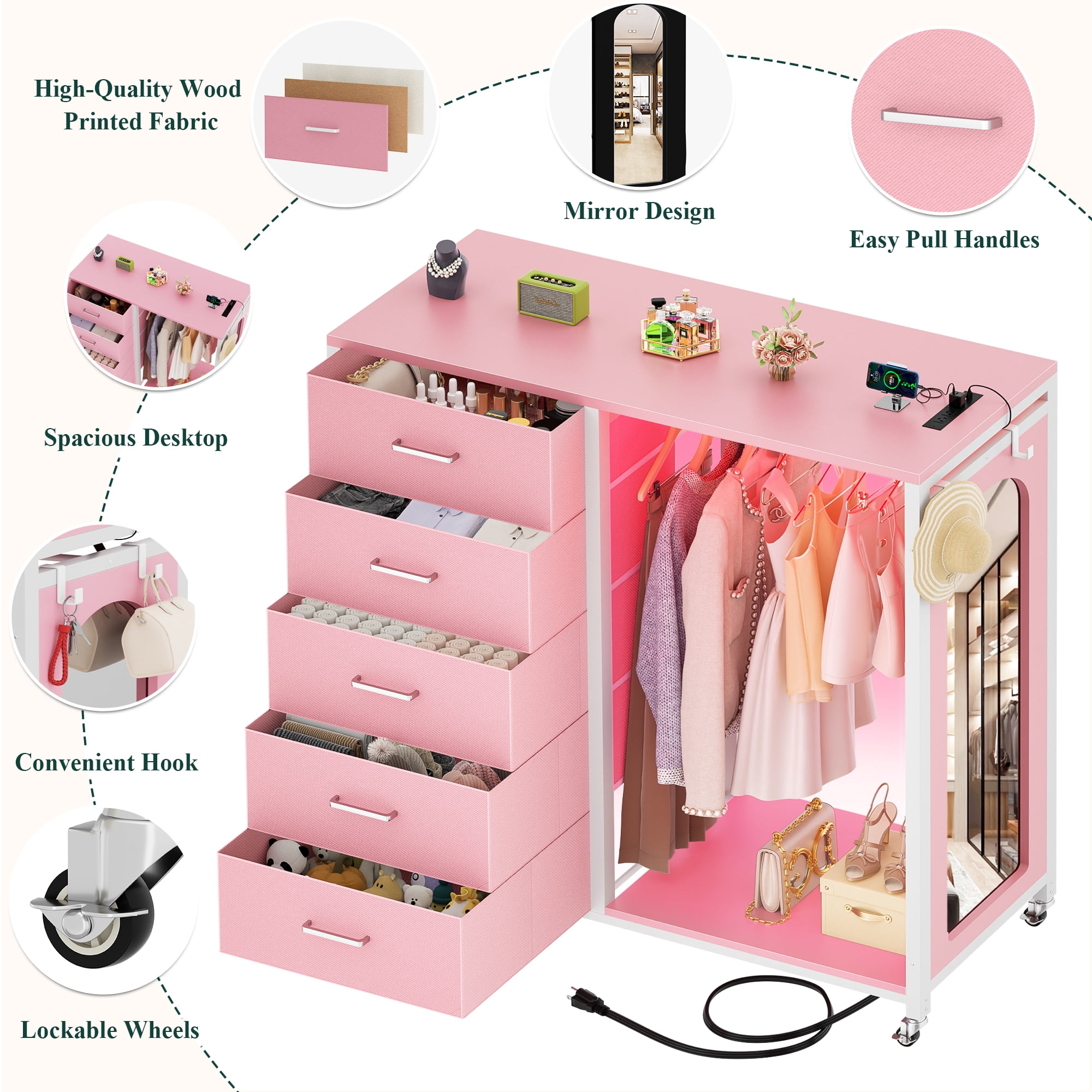 Homieasy Dresser for Bedroom with Clothes Rack & Mirror, Black 5 Drawers Dresser with Charging Station & LED Lights, Rolling Chest of Drawers with Wheels, Full Length Mirror, Wooden Top