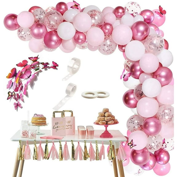 AOWEE Pink Butterfly Balloon Garland, Pink Birthday Decoration with Pink Butterflies, 117pcs Metallic Pink White Balloon Confetti Balloon for Girls Birthday Baby Shower Wedding