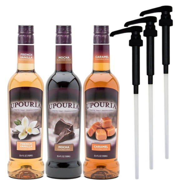 Upouria Flavored Syrup Variety: French Vanilla, Mocha, Caramel, Vegan, 750 ml Bottle, 3 Syrup Pumps