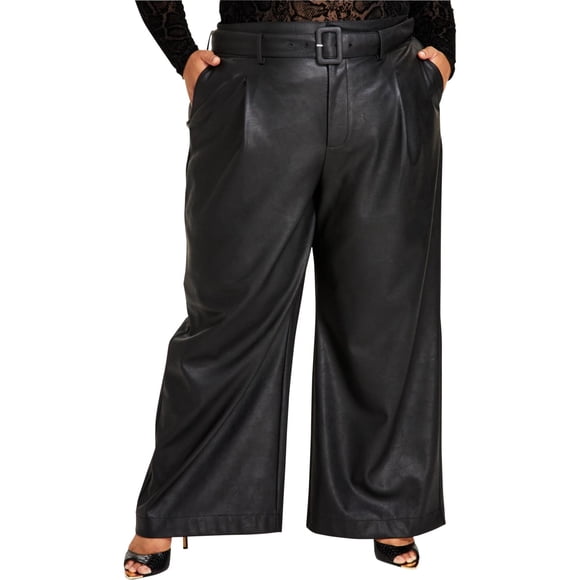 Nina Parker Womens Pleather High Waist Belted Straight Leg Relaxed Dress Pants, black, Plus Size, 22W