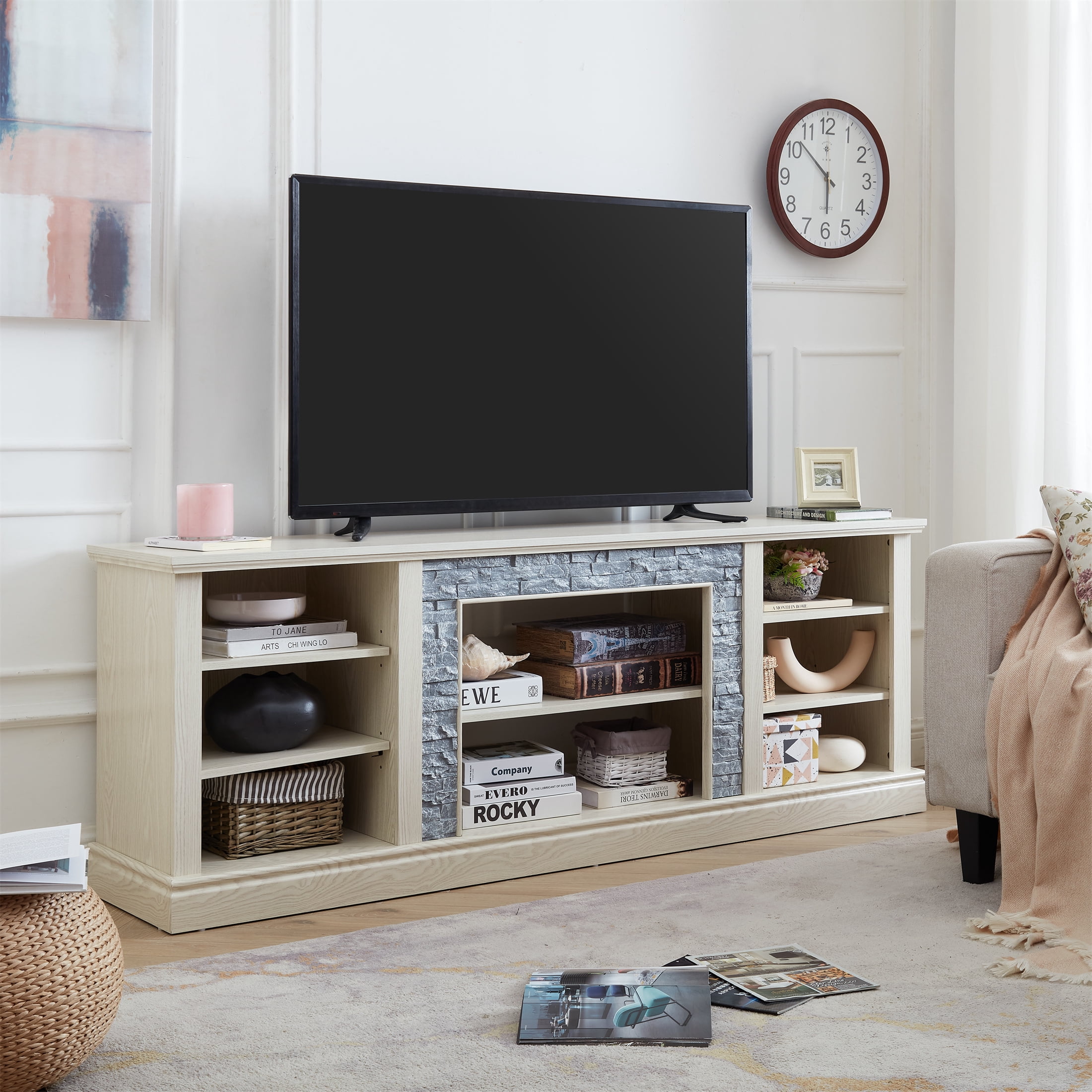 Aukfa Large TV Stand for TVs up to 75" with Faux Stacked Stone Surround for Living Room, Oak