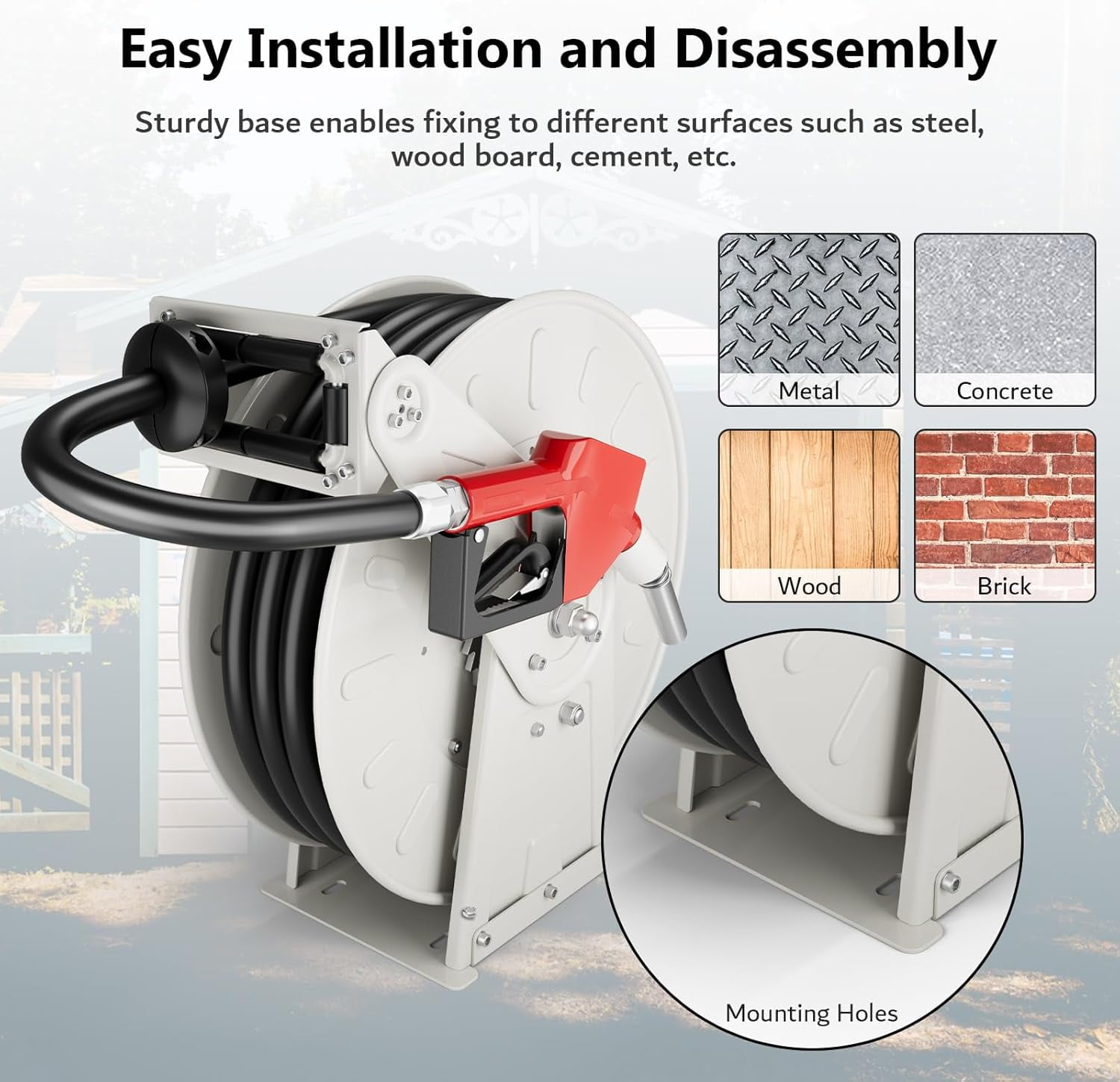 XUTUMM Fuel Hose Reel Retractable 3/4" x 50' Adjustable Dual Arm, All-weatherAuto Rewind, Heavy Duty Steel, with Fueling Nozzle for Aircraft Ship Vehicle Tank Truck