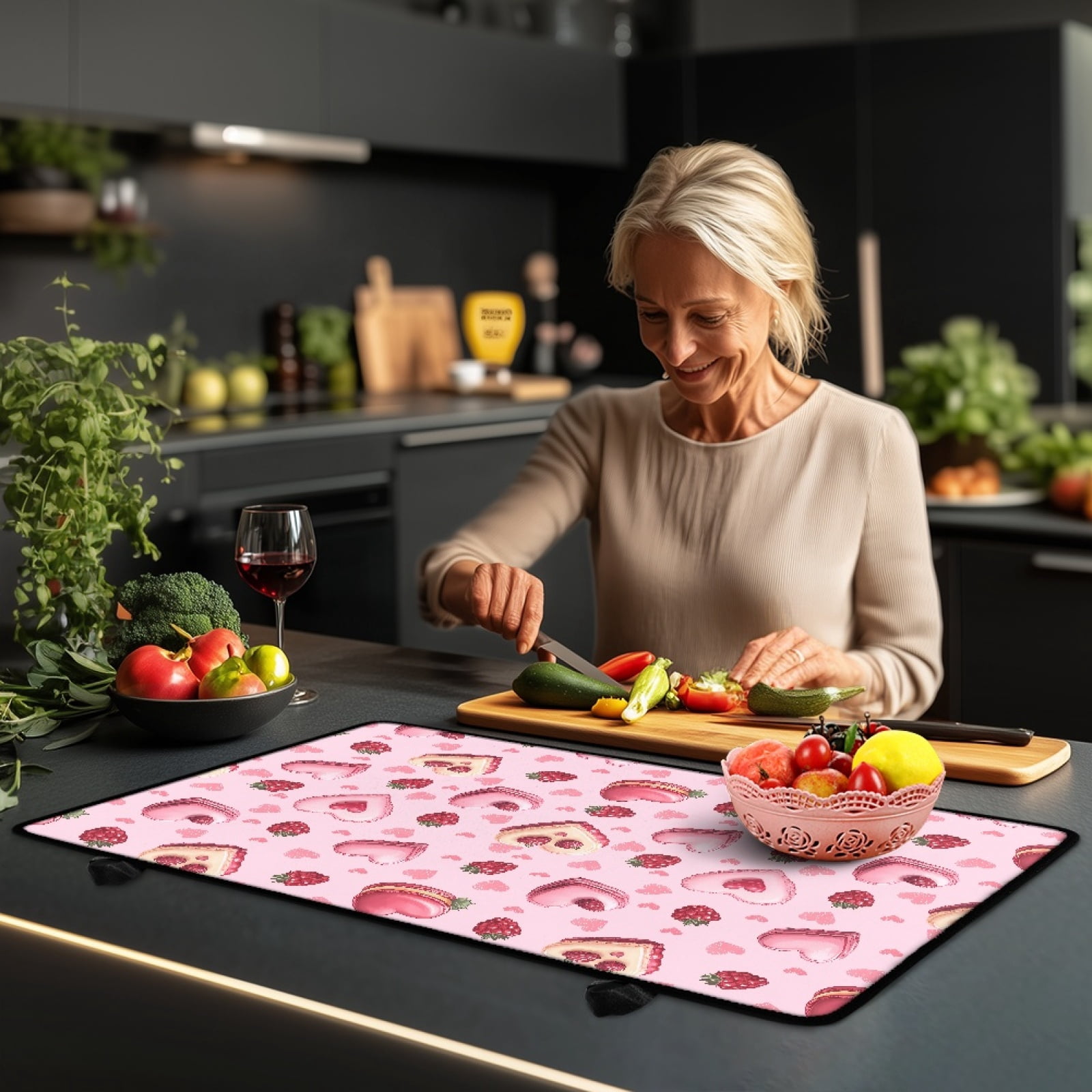 SEANATIVE Stove Top Cover for Gas Stove Foldable Ceramic Top Stove Cover Heat Resistant Glass Cooktop Cover Washer Dryer Top Mat Range Cover, Berry Love Heart Shaped Cake Pink Valentine's Day