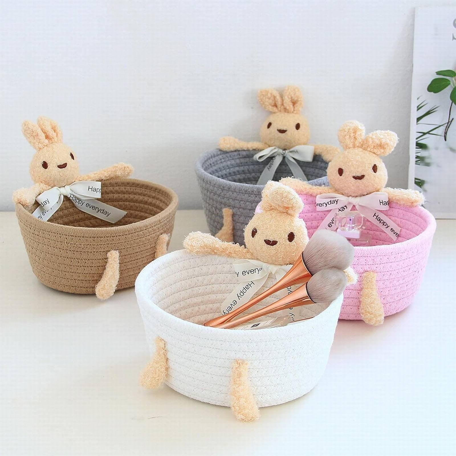 Easter Bunny Basket, Cotton Rope Woven Storage Basket with Bunny Decor, Small Decorative Organizer Bin for Makeup, Toys, Sundries & Home Entryway, 1 Pcs, 7.9x6.7"