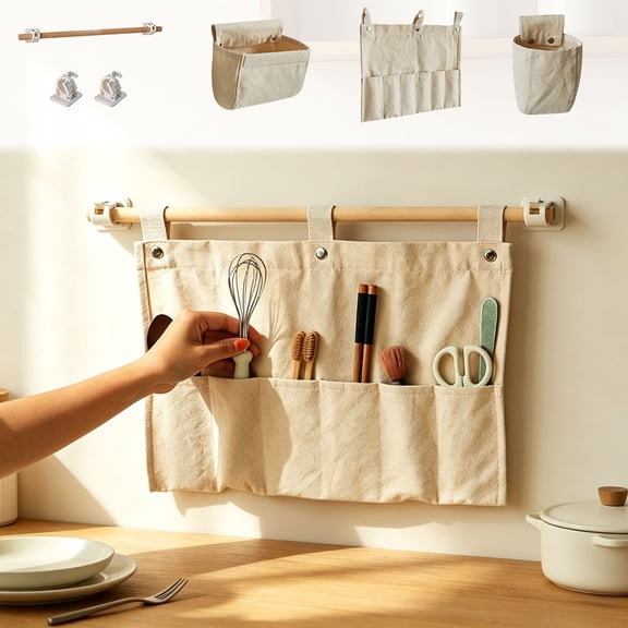 Celsvanis Hanging Organizer No Drilling Multi Pocket Wall Mount Storage Bag Traceless Space Saving Caddy for Kitchen Utensils Bedroom Bathroom RV