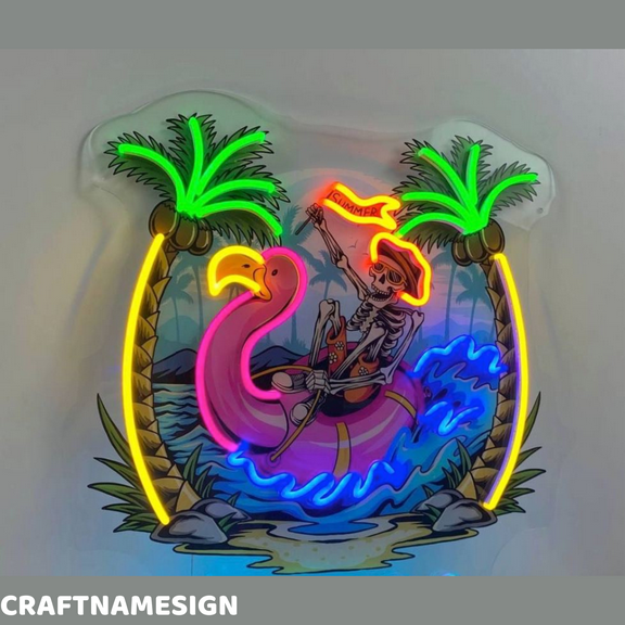 Craftnamesign Skeleton Go To Beach Led Sign, Flamingo Wall Decor, Bar Pub Wall Art