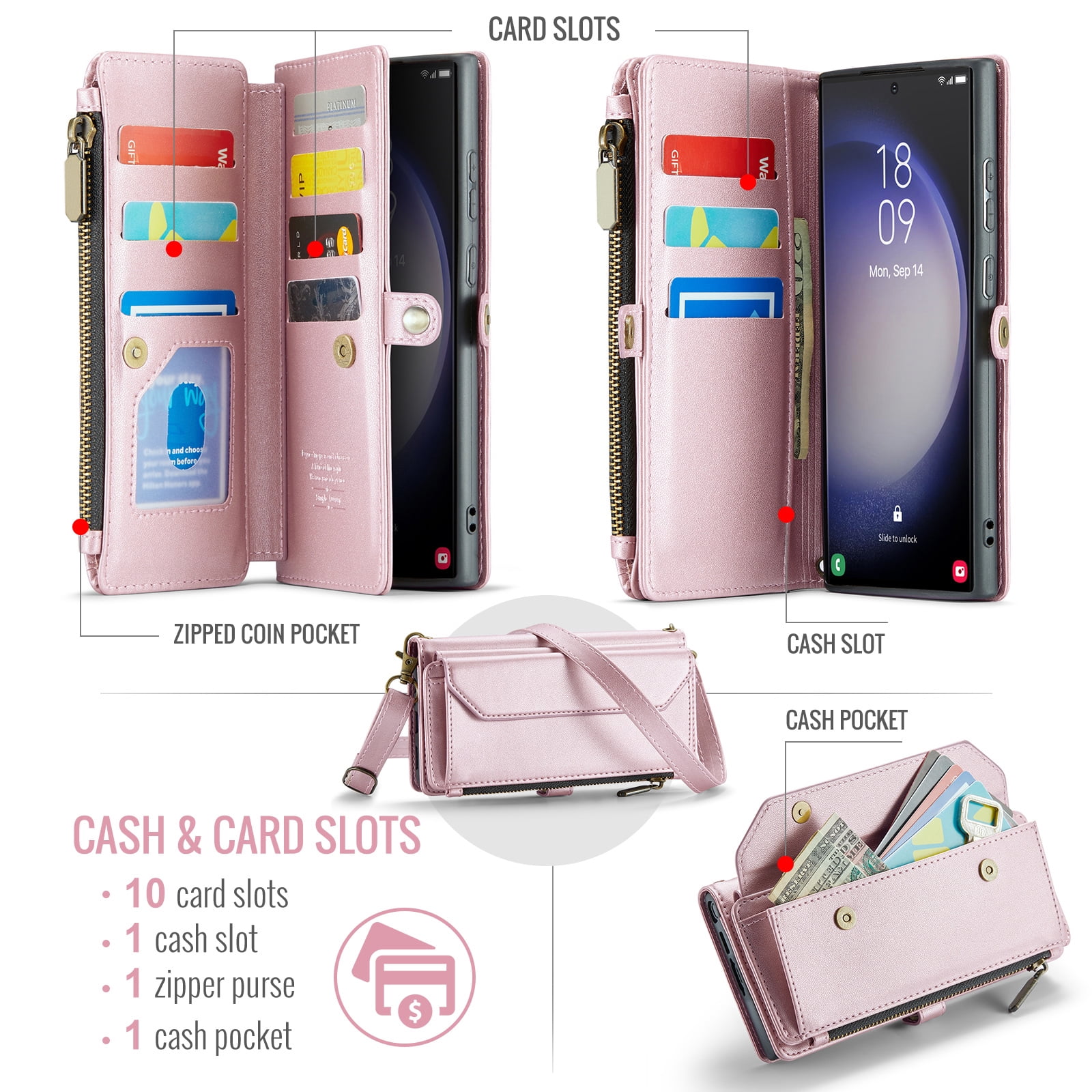 Compatible with Samsung Galaxy S23 Ultra 5G Zipper Wallet Phone Case Tempered Glass Screen Protector Crossbody Lanyard Strap Flip Card Holder Slot Cell Cover for S23Ultra 23S S 23 6.8 Women Rose Gold