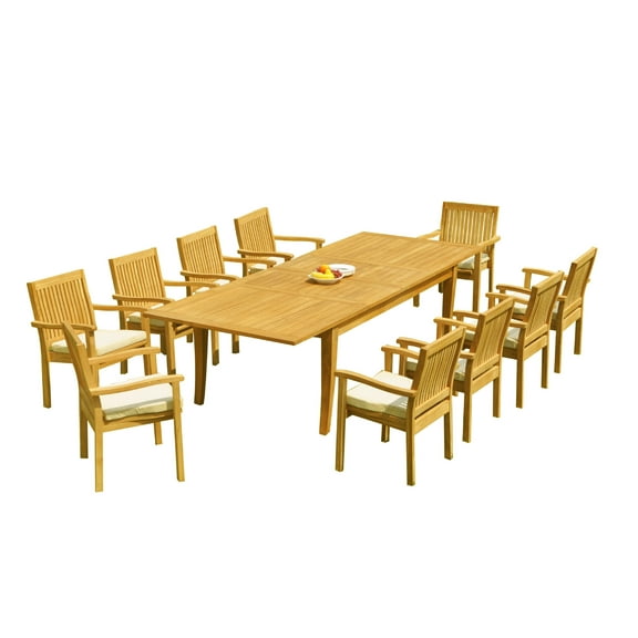 Grade-A Teak Dining Set: 10 Seater 11 Pc: 122" Atnas Rectangle Table And 10 Leveb Stacking Arm Chairs Outdoor Patio WholesaleTeak #51LV2811
