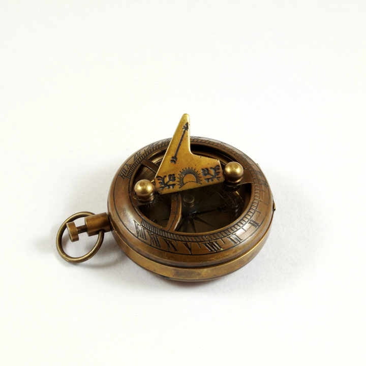 Antique Vintage 2-Inch Push Button Sundial Compass Brass Finish with Leather Case Made from Metal and Alloy