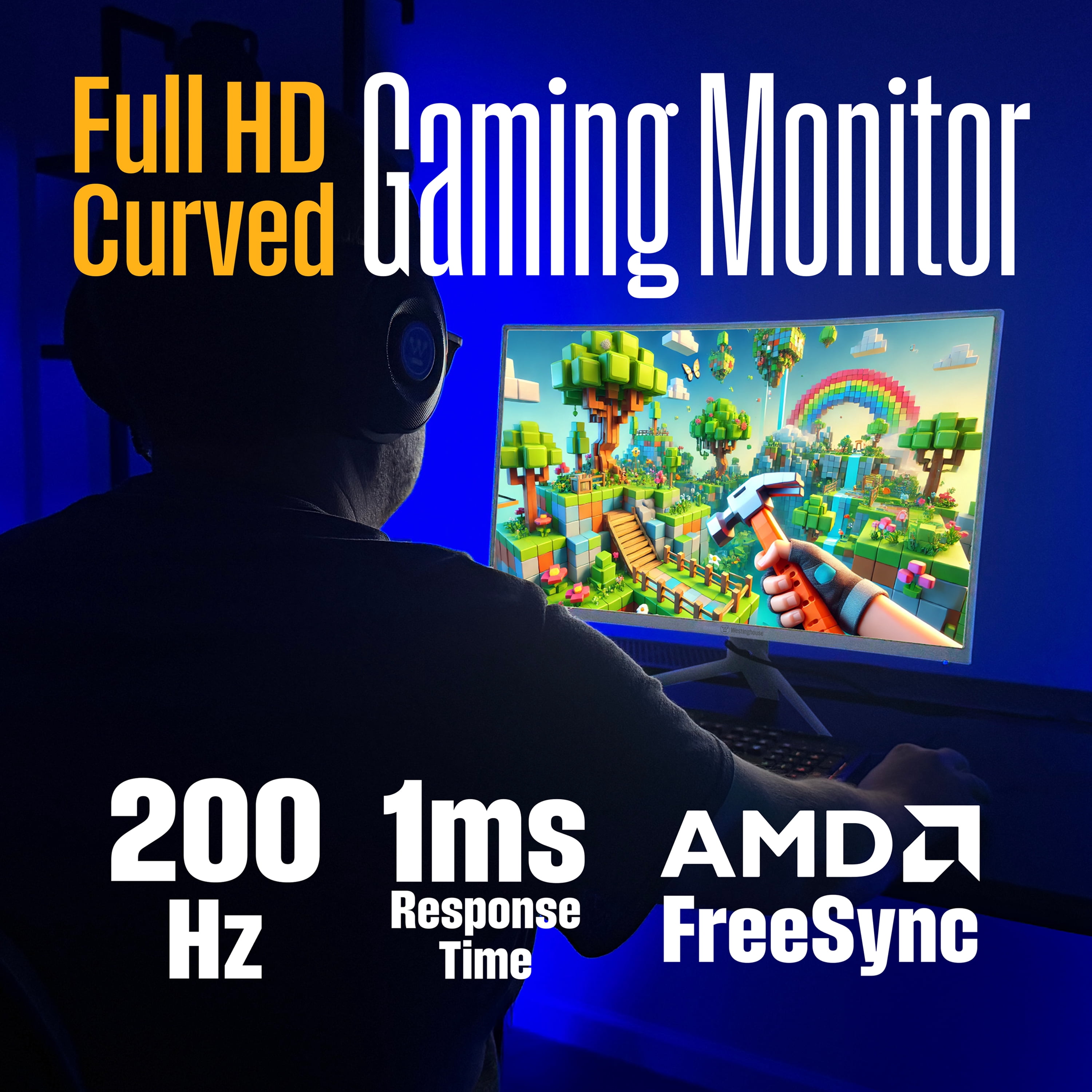 Westinghouse 27 Inch Curved Gaming Monitor, 200Hz, 1ms, FHD 1080P, 3000:1 Contrast Ratio, 118% sRGB, 1500R, AMD FreeSync, Eyecare, for PC Games with Built-in Speakers, DisplayPort, HDMIx2-White