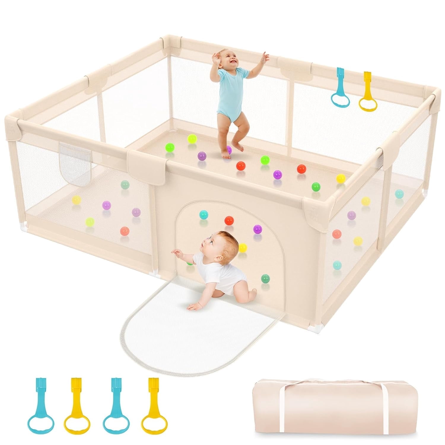 Extra Large Baby Playpen for Toddlers, 79x71 inch Safety Play Pen, Portable Playard with Zipper Door for Indoor Outdoor, Apricot