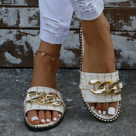 

Fashion Sexy Chain Lock Solid Color Plus Size 2022 Summer New Style Roman Style Flat Outdoor Female Slippers Women Sandals