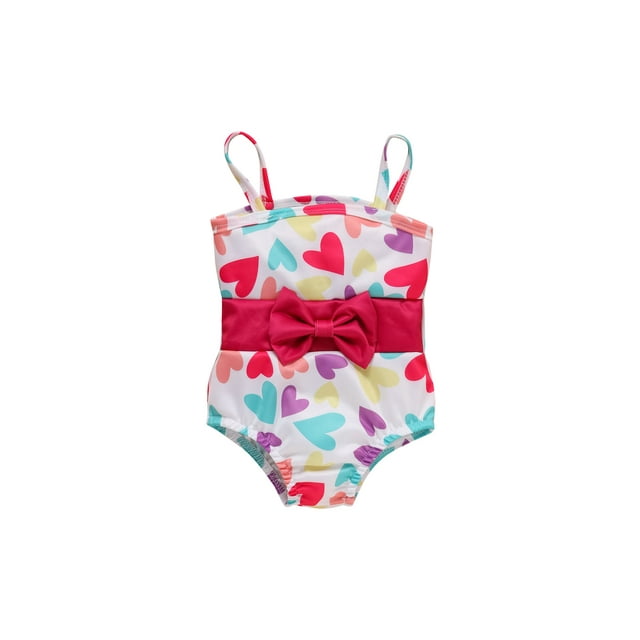 Honganda Sister Matching Swimwear, Heart Print Bowknot One-Piece Bikini/Halter Crop Tops and Ruffles Shorts Swimsuit Set