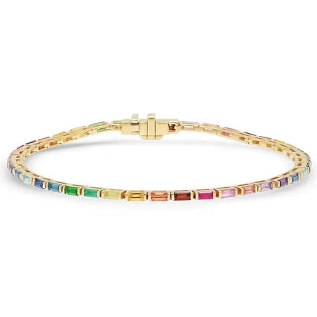 Baguette-Cut Lab-Created Multi-Sapphire Bar-Set Tennis Bracelet in 925 Sterling Silver – Vibrant Elegance for Women