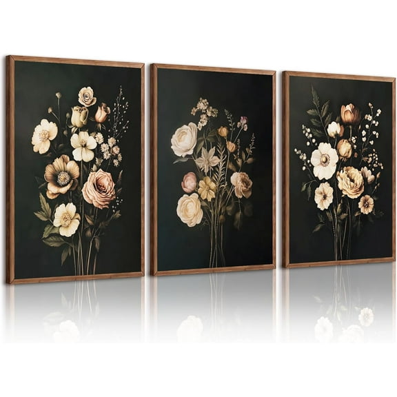 Vintage Flower Wall Art Dark Floral Canvas Wall Art Botanical Farmhouse Prints Black Flower Pictures Wall Decor Moody Floral Artwork Painting for Living Room Bedroom 12x16x3 Inch Unframed