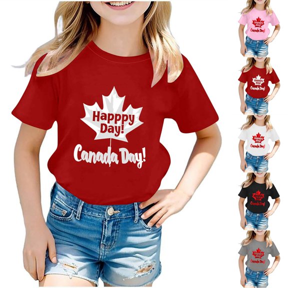 Zwiiyzr Summer Boys Girls T-Shirt "Happy Day Canada Day" Graphic Crewneck Short Sleeve Printed Tee Shirt Tops for Kids Teens 3-12 Years Gray