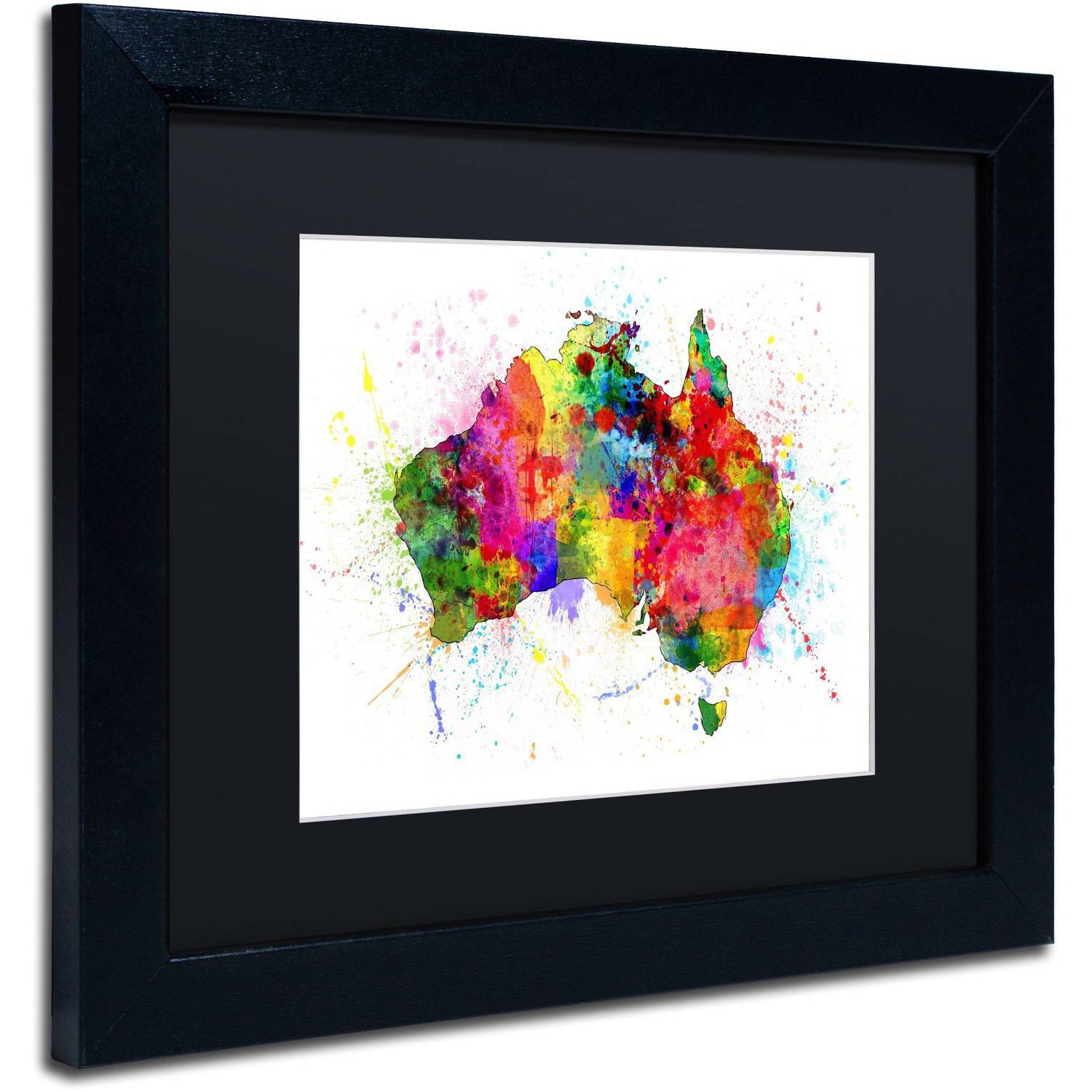 Trademark Fine Art 'Australia Paint Splashes Map' Canvas Art by Michael Tompsett, Black Matte, Black Frame