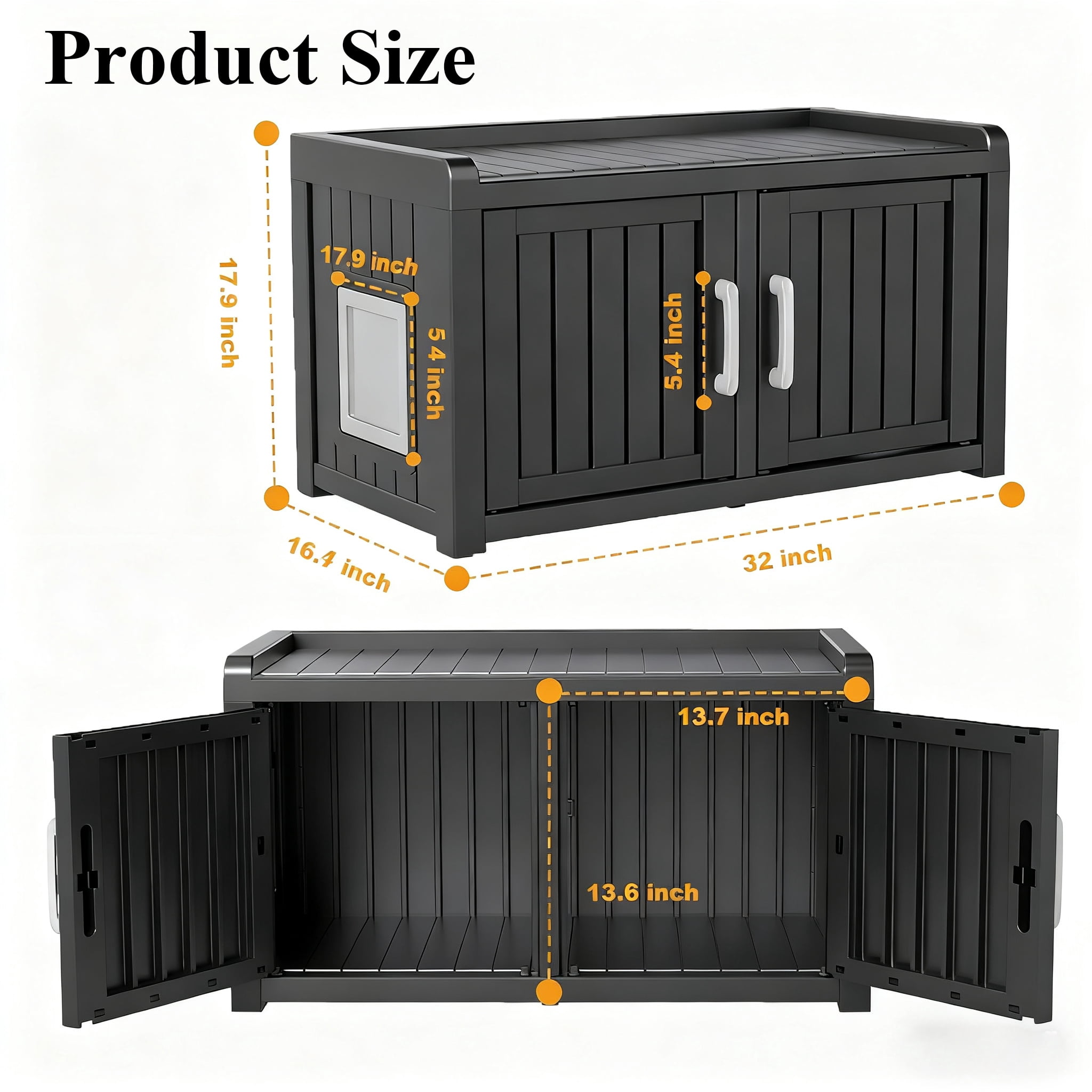 Decksplore Cat Cabinet (31.9"x16.7"x17.8"), HDPE Hidden Cat Litter Furniture, Dual-Door, Litter Box Furniture for Bedroom, Courtyard (Black)
