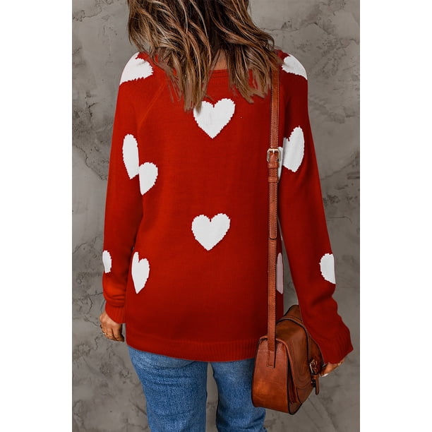 ABPHQTO Suéter de punto con cuello en V y estampado de corazones rojos para mujer