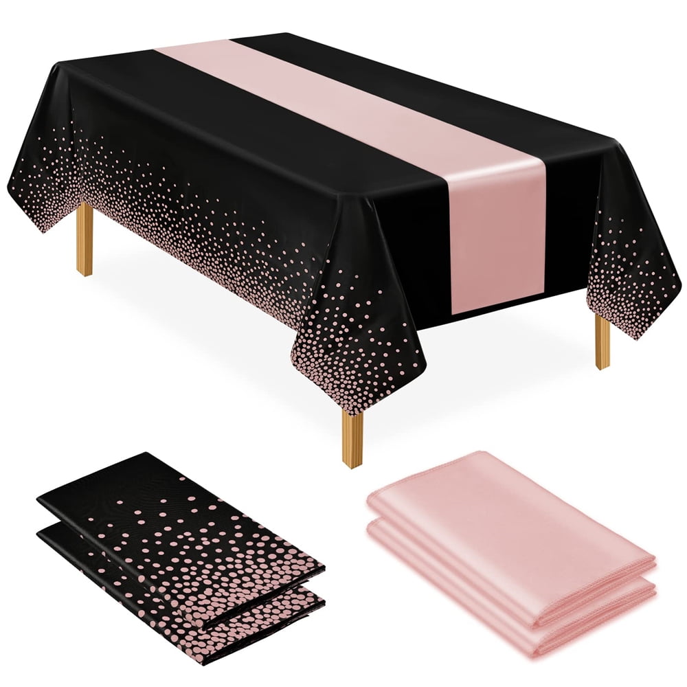Pesonlook 4 Pcs Rose Gold Tablecloth and Satin Table Runner54x108Inch Disposable Plastic Black