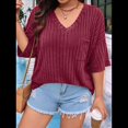 thumbnail image 4 of Camisetas con Cuello en V para Mujer, Blusas de Punto A Rayas de Media , Corte Holgado, Color Vino Tinto XXL, 4 of 8